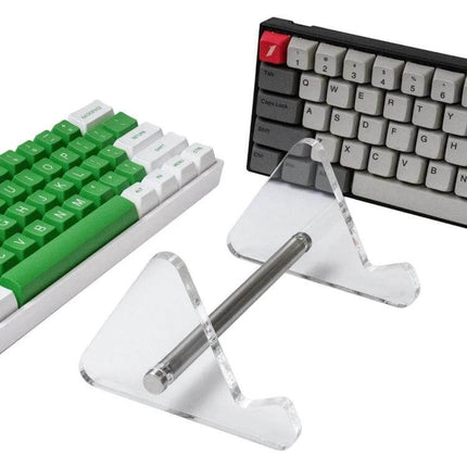Clear Acrylic Keyboard Stand Detachable For Desk Use shown holding a compact keyboard, clear 3mm acrylic detachable bracket for elevated typing