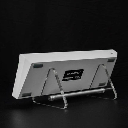 Clear Acrylic Keyboard Stand Detachable For Desk Use shown holding a keyboard with transparent 3mm acrylic bracket and cable organization