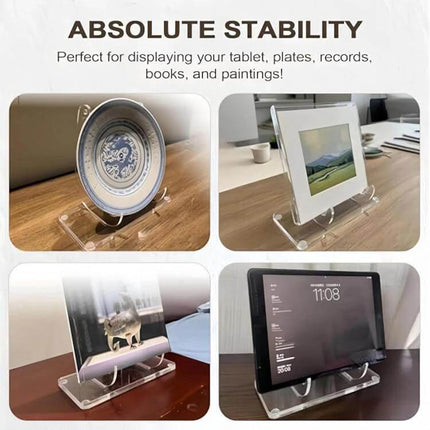 Acrylic Picture Frame Stand Plate Holder For Photos displaying a decorative plate, framed photo, book and tablet on a clear stable acrylic stand
