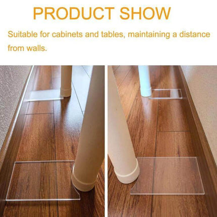 Sofa Mattress Baffle Wall Protector In Clear Acrylic placed behind furniture legs on hardwood floor to prevent scuffs and heat transfer