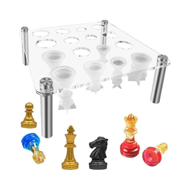 Acrylic Square Chess Mold Stand for DIY Chess Pieces - clear 17x17cm acrylic casting stand with resin molds and metal legs
