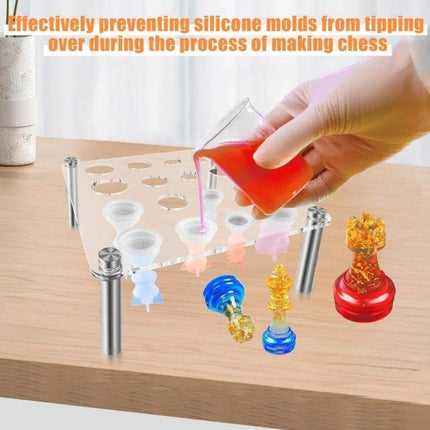 Acrylic Square Chess Mold Stand for DIY Chess Pieces clear 17x17cm acrylic platform with cups and metal legs for casting epoxy chess bases