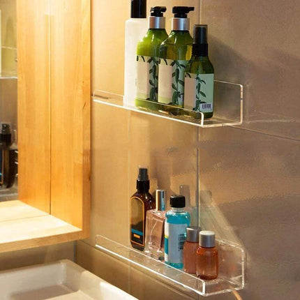 Acrylic Wall Shelf 30x10x6 Cm For Kitchen And Office mounted with toiletries and bottles on clear acrylic wall shelves