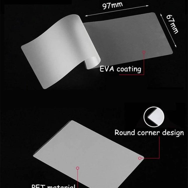 Clear Laminating Film For Photos And Documents 3 Inch Pack Of 100 – 97×67mm PET sheets with 80µm EVA coating, round corners for protecting photos and IDs
