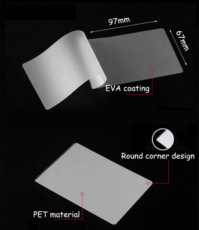 Clear Laminating Film For Photos And Documents 3 Inch Pack Of 100 – 97×67mm PET sheets with 80µm EVA coating, round corners for protecting photos and IDs