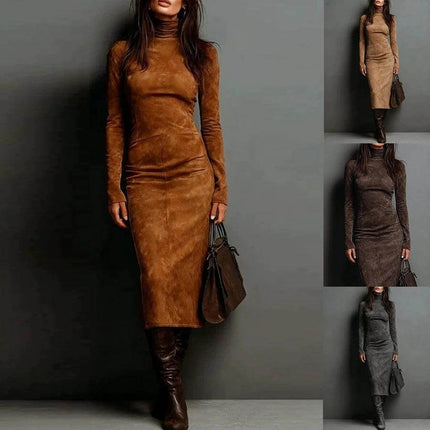 Turtleneck Long Sleeve Bodycon Mid Length Dress For Women in coffee suede-look, slim-fit pencil style with boots and handbag