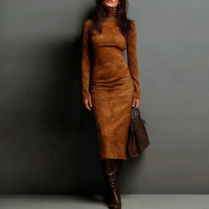 Turtleneck Long Sleeve Bodycon Mid Length Dress For Women in coffee brown suede-look polyester, slim-fit pencil silhouette paired with boots and handbag