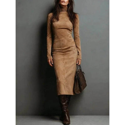 Turtleneck Long Sleeve Bodycon Mid Length Dress For Women in coffee suede-look polyester, slim-fit pencil style paired with boots and handbag