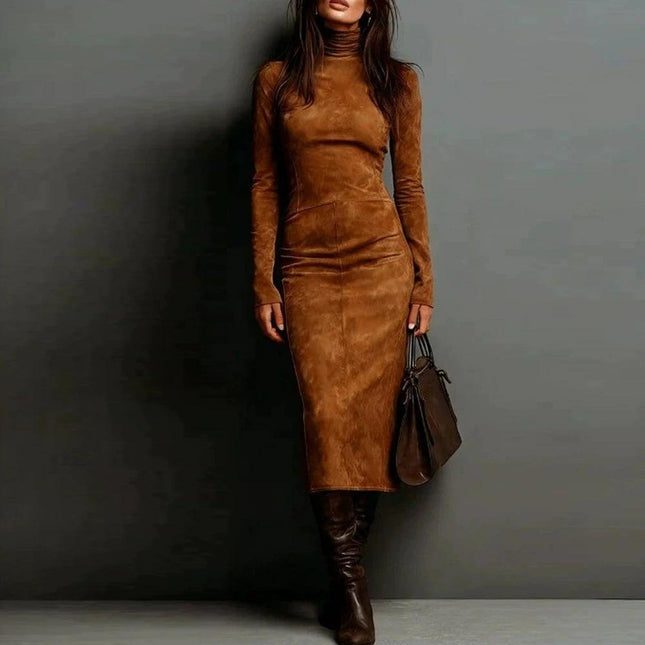 Turtleneck Long Sleeve Bodycon Mid Length Dress For Women in coffee suede-look polyester, slim-fit pencil silhouette styled with brown boots and handbag