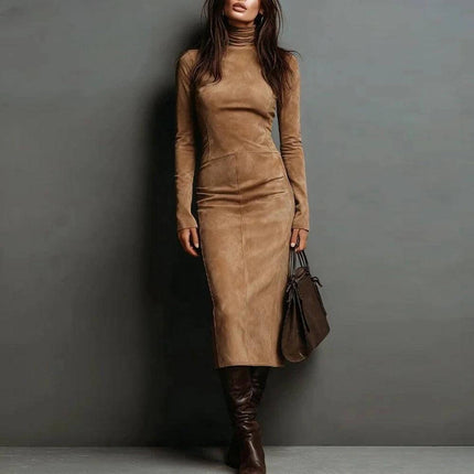 Turtleneck Long Sleeve Bodycon Mid Length Dress For Women in coffee brown suede-look polyester, styled with boots and handbag for office or casual wear