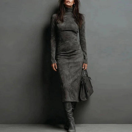 Turtleneck Long Sleeve Bodycon Mid Length Dress For Women - slim-fit coffee polyester turtleneck dress styled with boots and handbag