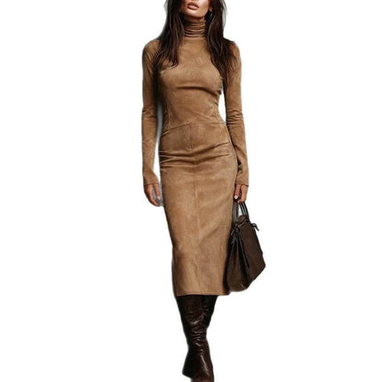 Turtleneck Long Sleeve Bodycon Mid Length Dress For Women in coffee color, slim-fit polyester turtleneck dress styled with boots and handbag