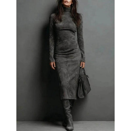 Turtleneck Long Sleeve Bodycon Mid Length Dress For Women in charcoal suede-look, slim-fit pencil style styled with boots and handbag