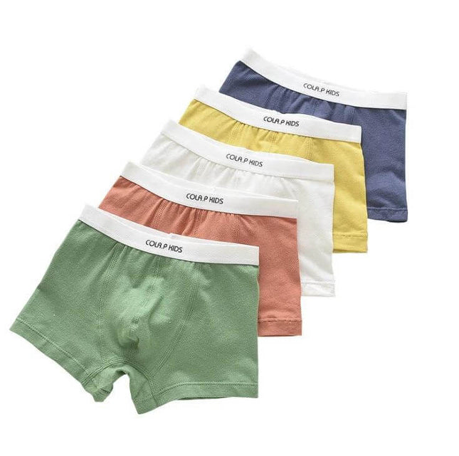 Cola Pear Boy's Solid Color Boxer For Everyday Wear - 5-pack 100% cotton boys' solid color boxers in green, rust, white, yellow, navy