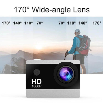 Compact 2.0 Inch IPS Screen Action Camera For Outdoor Use with 170° wide-angle lens, 1080P HD display showing hiker and landscape