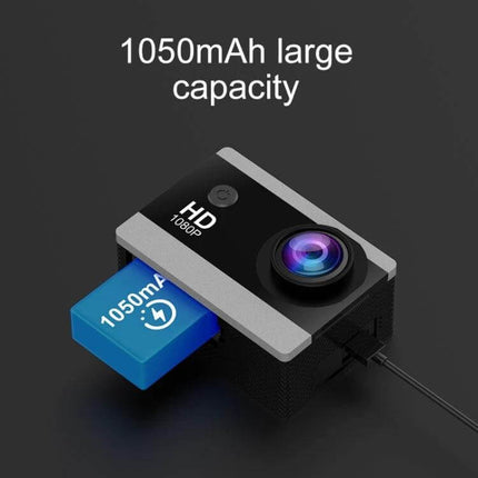 Compact 2.0 Inch IPS Screen Action Camera For Outdoor Use with 1050mAh battery showing battery being inserted and 1080P HD lens