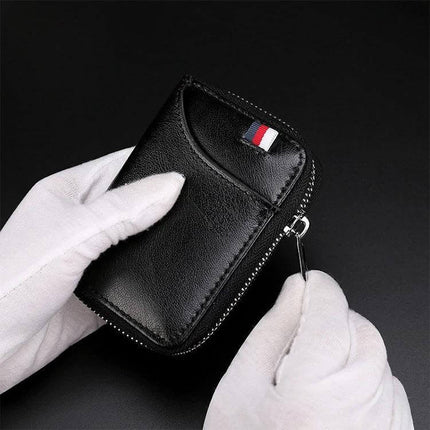 Leather Card Wallet With Zipper For Daily Use, Compact - black cattle leather compact card wallet with zip pocket and tricolor tab