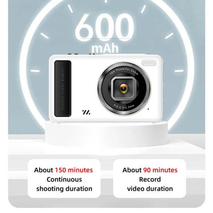 Compact Digital Camera With 2.4 Inch Screen For Everyday Photos showing white camera, 600mAh battery, ~150min photo and ~90min video runtime