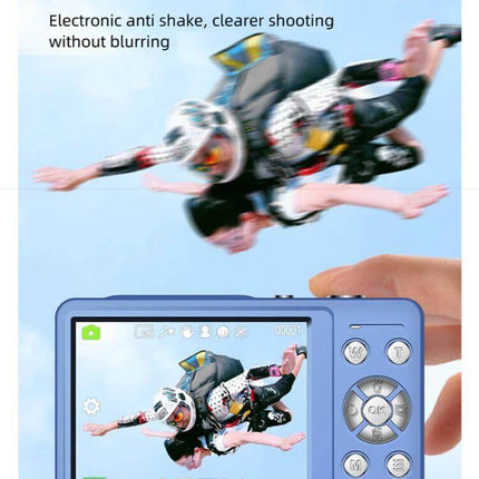 Compact Digital Camera With 2.4 Inch Screen For Everyday Photos showing skydiving shot on 2.4-inch display with electronic anti-shake and LED fill light