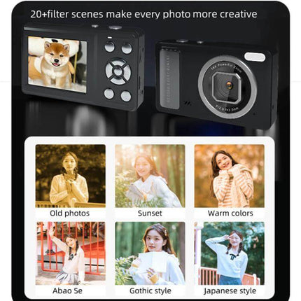 Compact Digital Camera With 2.4 Inch Screen For Everyday Photos showing 2.4-inch display, lens, LED fill light and sample filter scene thumbnails