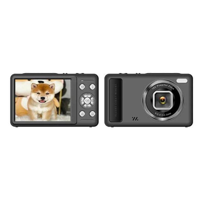 Compact Digital Camera With 2.4 Inch Screen For Everyday Photos showing front and back views with 2.4-inch display, selfie mode and lens visible