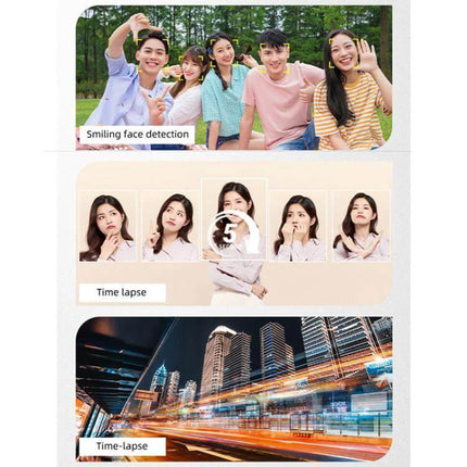 Compact Digital Camera With 2.4 Inch Screen For Everyday Photos showing smiling face detection, selfie timer and time-lapse city lights