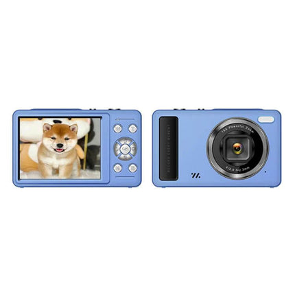 Compact Digital Camera With 2.4 Inch Screen For Everyday Photos – blue compact camera showing 2.4" screen with dog preview and front lens