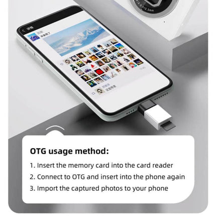 Compact Digital Camera With 2.4 Inch Screen For Everyday Photos showing phone OTG connection and photo import instructions