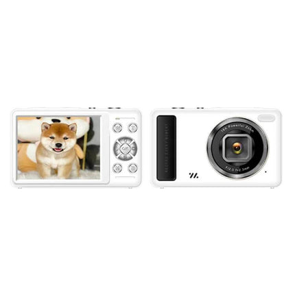 Compact Digital Camera With 2.4 Inch Screen For Everyday Photos showing front lens and rear 2.4-inch display with cute dog selfie, white compact design