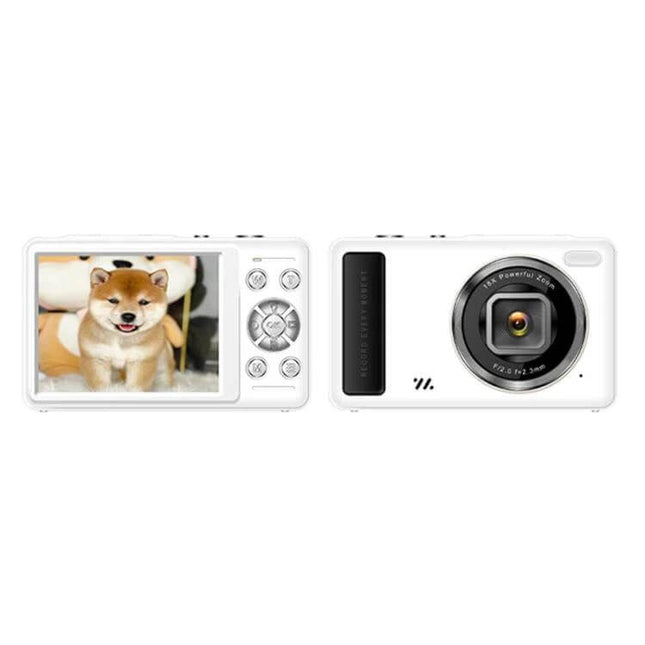 Compact Digital Camera With 2.4 Inch Screen For Everyday Photos showing front lens and rear 2.4-inch display with cute dog selfie, white compact design