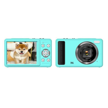 Compact Digital Camera With 2.4 Inch Screen For Everyday Photos teal compact camera front and back with 2.4-inch display showing a dog
