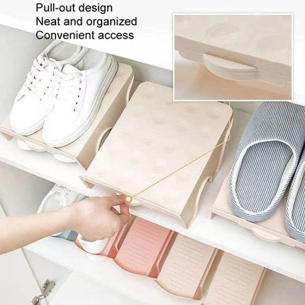 Household Storage Shoes Rack With Double Tray Organizer For Entryway showing pull-out double-level PP shoe trays keeping sandals sneakers and slippers organized