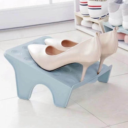 Household Storage Shoes Rack With Double Tray Organizer For Entryway small blue double-level shoe step holding heels in entryway