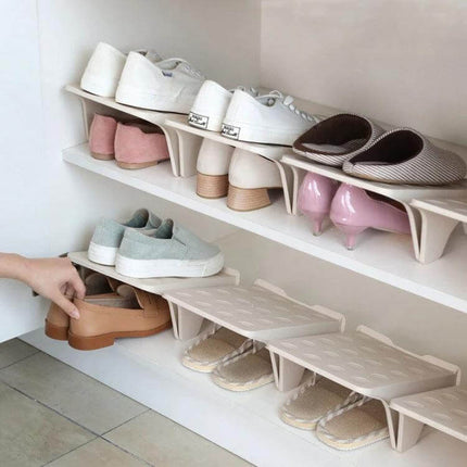 Household Storage Shoes Rack With Double Tray Organizer For Entryway holding sneakers, heels and slippers on compact double-level thick PP trays