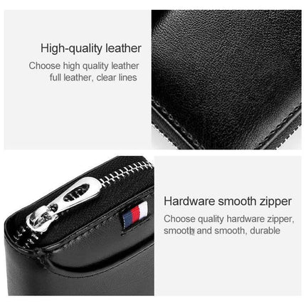 Leather Card Wallet With Zipper For Daily Use, Compact - black cattle leather, secure smooth zipper pocket for cards cash and coins