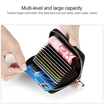 Leather Card Wallet With Zipper For Daily Use, Compact - black cattle leather card case with zipper showing multiple card slots and rolled cash
