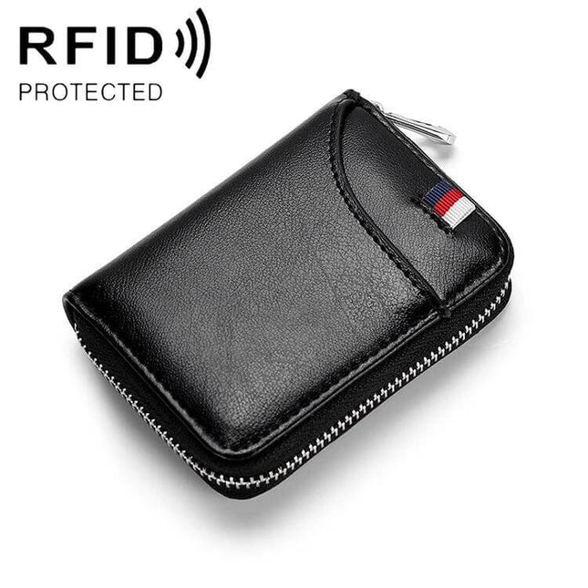 Leather Card Wallet With Zipper For Daily Use, Compact - black RFID protected cattle leather zip card wallet