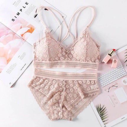 Cotton Blend Lace Bra Fits 32-34 A-C Cups For Everyday Wear - soft pink lace bralette and matching panties on flatlay