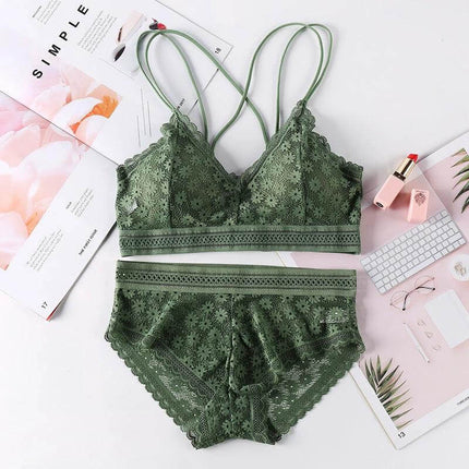 Cotton Blend Lace Bra Fits 32-34 A-C Cups For Everyday Wear - green lace cotton-blend bralette and matching briefs laid flat