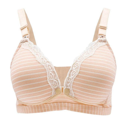 Cotton Front Clasp Nursing Bra For Comfortable Breastfeeding beige striped cotton nursing bra with front clasp and lace trim