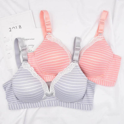 Cotton Front Clasp Nursing Bra For Comfortable Breastfeeding in pink and gray striped cotton with lace trim, front clasp for one-handed nursing access