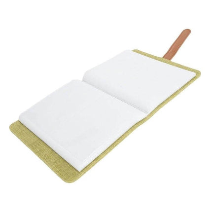 Cotton Linen Photo Album For 3 Inch Photos And Mini Cards with green cotton-linen cover, clear pocket pages and leather strap