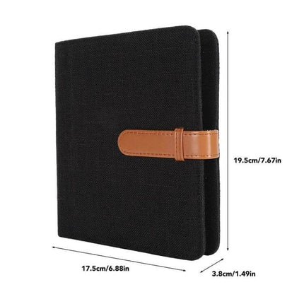Cotton Linen Photo Album For 3 Inch Photos And Mini Cards black cotton-linen cover with tan strap, clear pockets, compact 17.5x19.5cm travel album