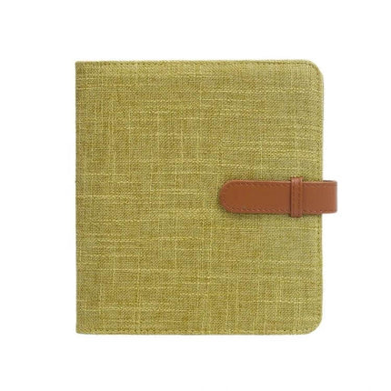 Cotton Linen Photo Album For 3 Inch Photos And Mini Cards - green cotton-linen cover with brown strap, clear pocket pages for small prints and cards
