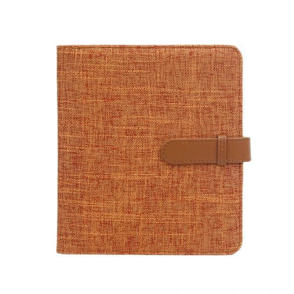 Cotton Linen Photo Album For 3 Inch Photos And Mini Cards - rust orange fabric cover with snap closure, clear pockets for mini prints and cards