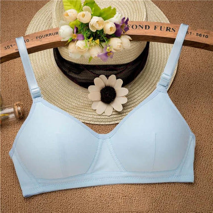 Cotton Wireless Teen Bra For School Everyday Underwear light blue cotton wireless teen bra with detachable double straps and adjustable three-row buckle