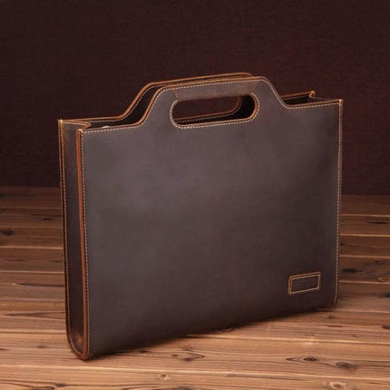 Leather Vintage Crossbody Bag For Work And Everyday Use in dark brown crazy horse leather with top cutout handle and stitched edges