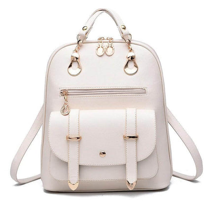 PU Leather Convertible Womens Backpack For Daily Use - cream PU leather convertible backpack with front pocket, gold hardware, adjustable straps for commuting