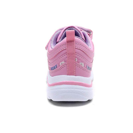 Cross-Border Pink Kids Soft Sole Sneakers For Everyday Play rear view of pink unisex kids sneaker with artificial leather upper and flexible rubber sole