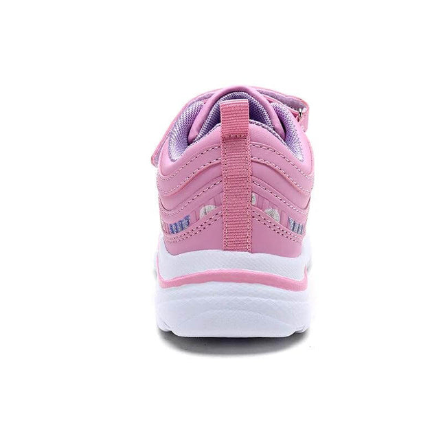 Cross-Border Pink Kids Soft Sole Sneakers For Everyday Play rear view of pink unisex kids sneaker with artificial leather upper and flexible rubber sole